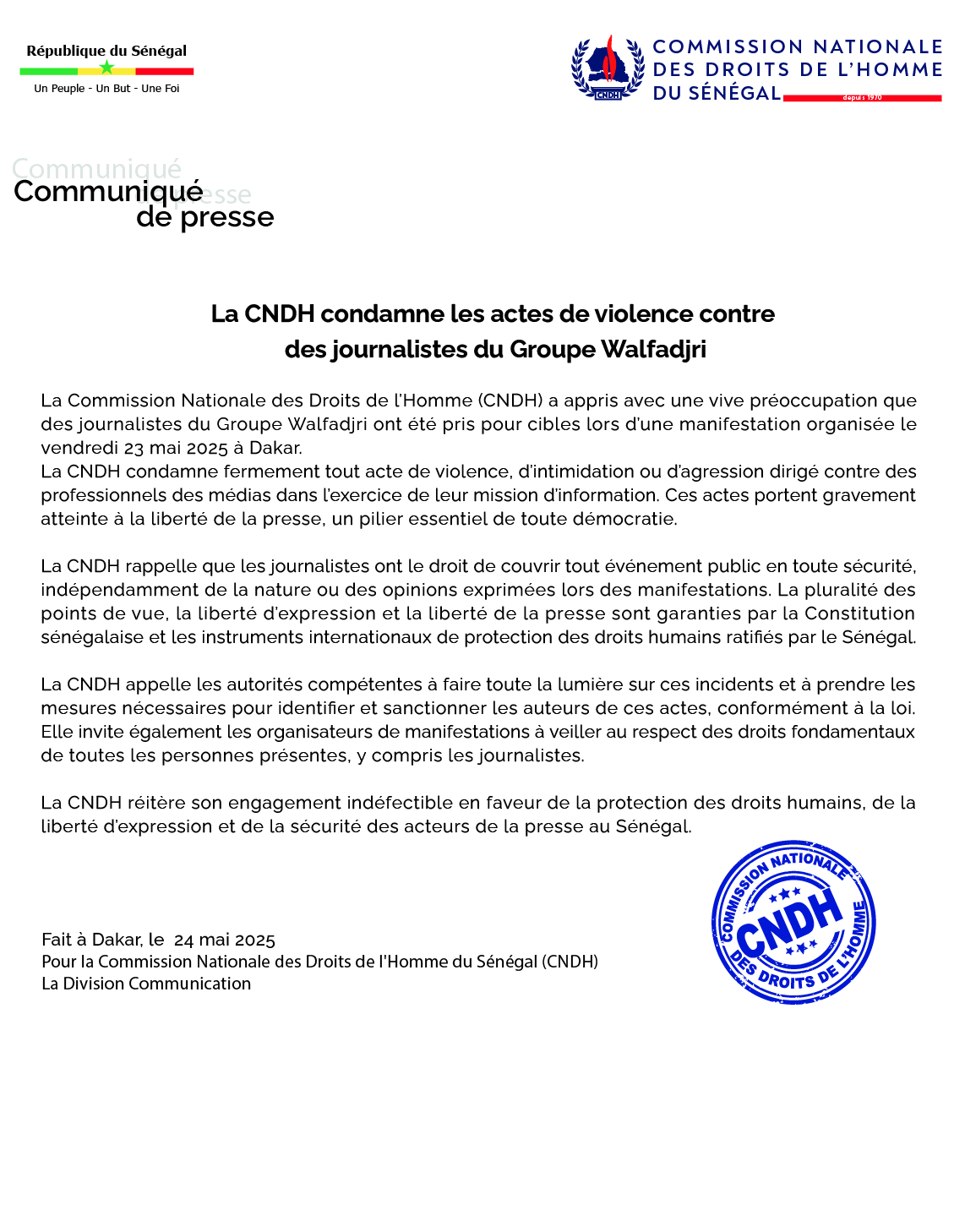 La CNDH condamne les actes de violence contre des journalistes du Groupe Walfadjri