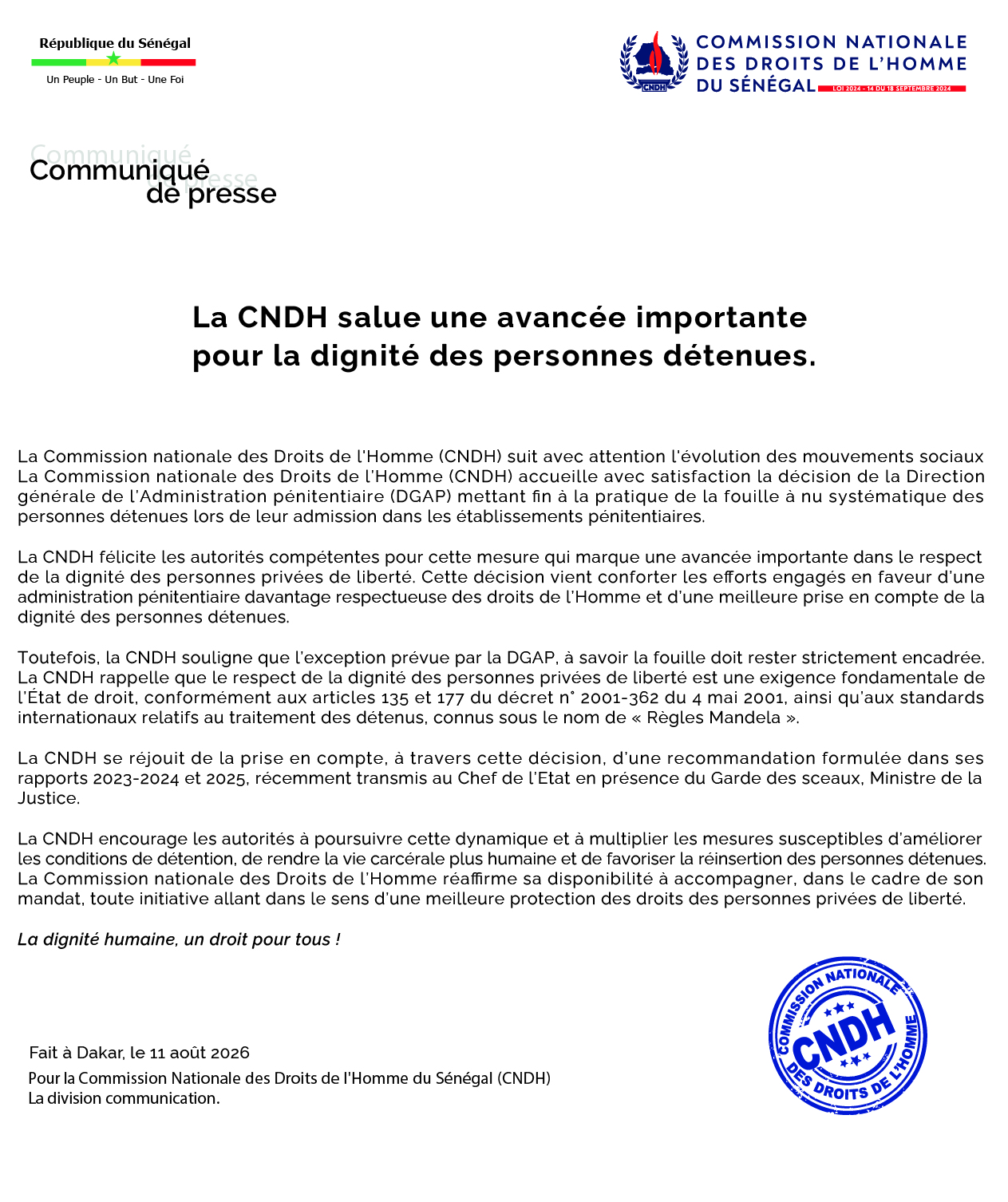 Communiqué de presse  La CNDH salue une avancee importante pour la dignite des personnes detenues.