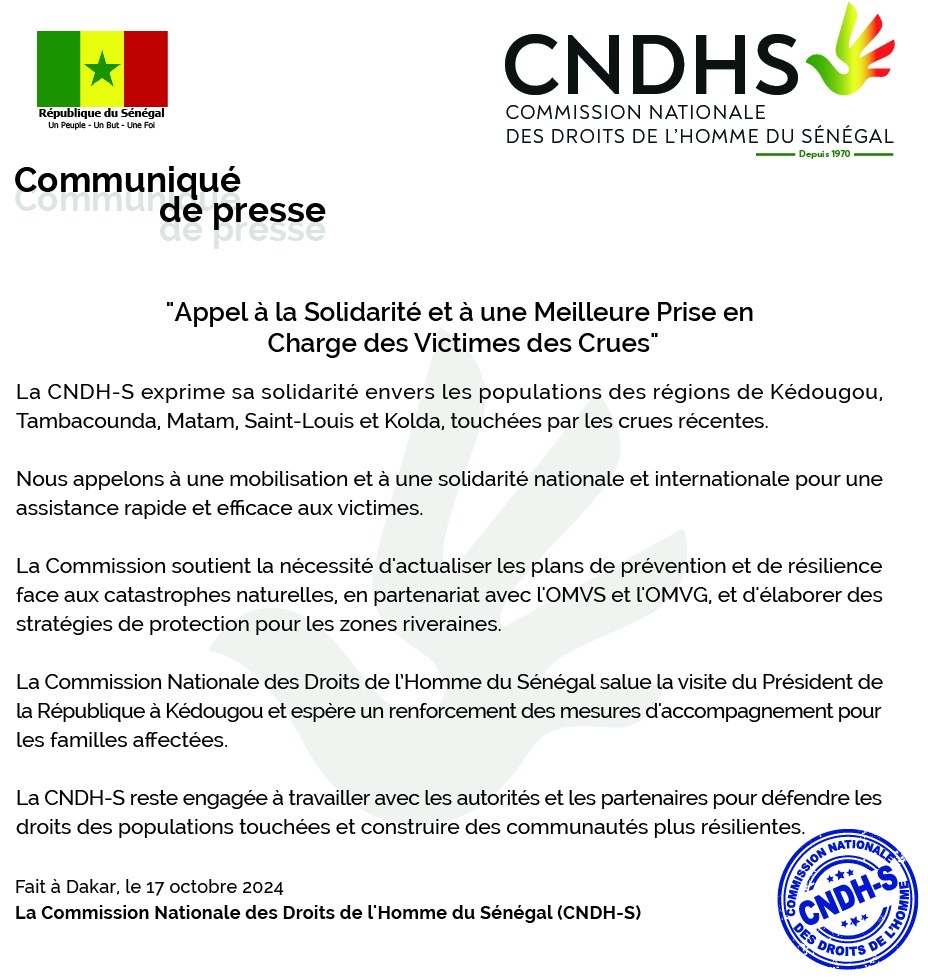 CP appel à la solidarité et à une meilleure prise en charge des victimes des crues