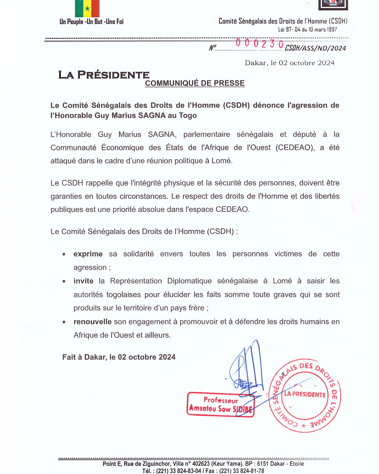 Communiqué de presse Guy Marius Sagna