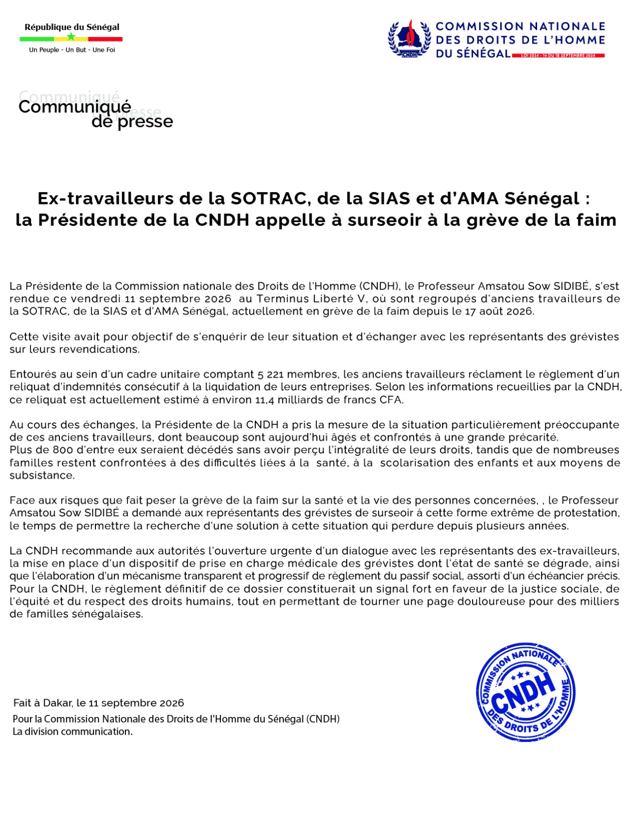 Ex-travailleurs de la SOTRAC, de la SIAS et d'AMA Sénégal : la Presidente de la CNDH appelle a surseoir a la grève de la faim