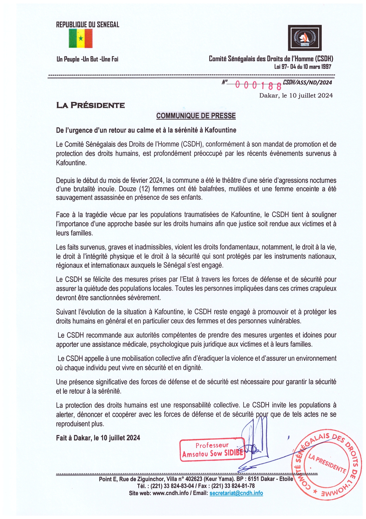 Communiqué de la Présidente du CSDH Pr Amsatou SOW SIDIBÉ sur les séries d'agressions à Kafountine.