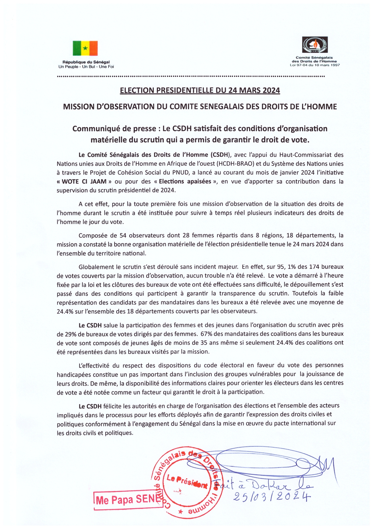 Communiqué Elections Présidentielles