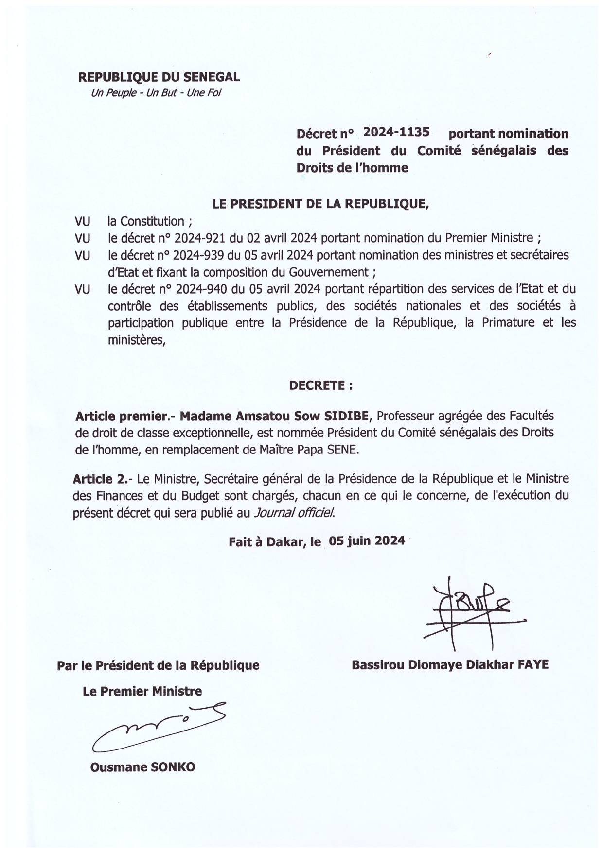 Decret nomination Presidente CSDH