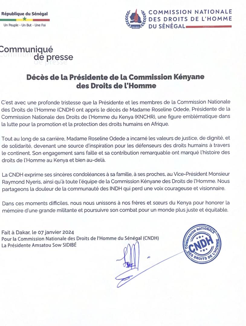 Communiqué de presse : Décès de la Présidente de la Commission Kényane des Droits de l'Homme