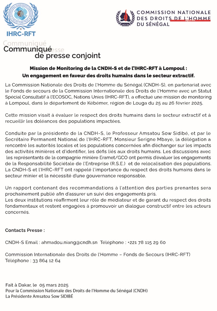 Mission de Monitoring de la CNDH-S et de l’IHRC-RFT à Lompoul : Un engagement en faveur des droits humains dans le secteur extractif.