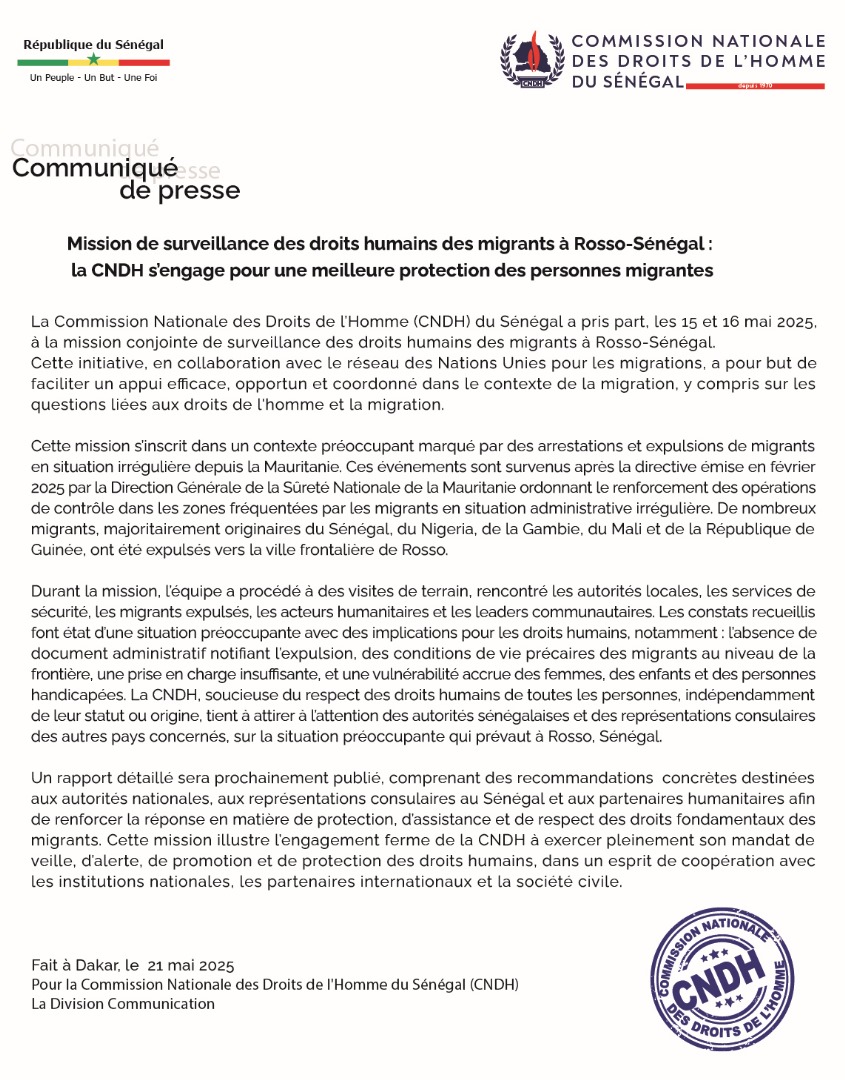 Mission de surveillance des droits humains des migrants à Rosso-Sénégal : la CNDH s’engage pour une meilleure protection des personnes migrantes