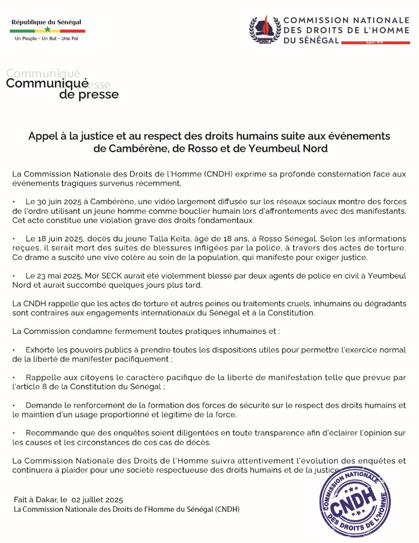 Appel à la justice et au respect des droits humains suite aux événements de Cambérène, de Rosso et de Yeumbeul Nord