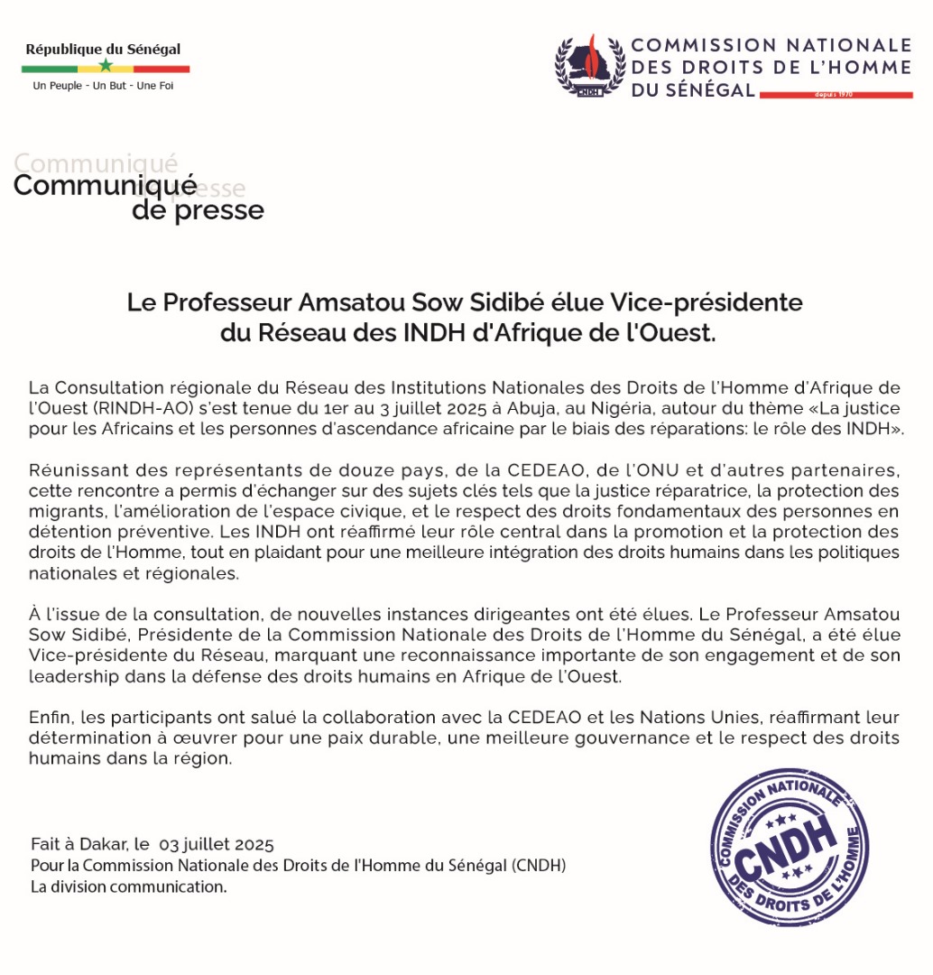 Le Professeur Amsatou Sow Sidibé élue Vice-présidente du Réseau des INDH d'Afrique de l'Ouest.