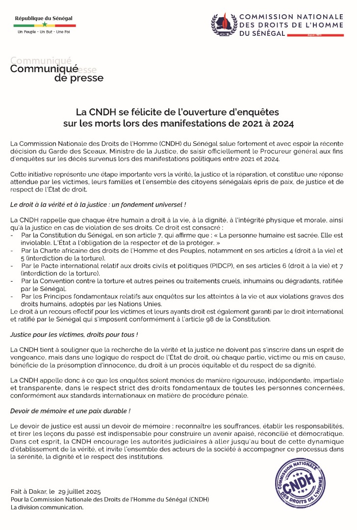 Communiqué de presse La CNDH se félicite de l’ouverture d’enquêtes sur les morts lors des manifestations de 2021 à 2024