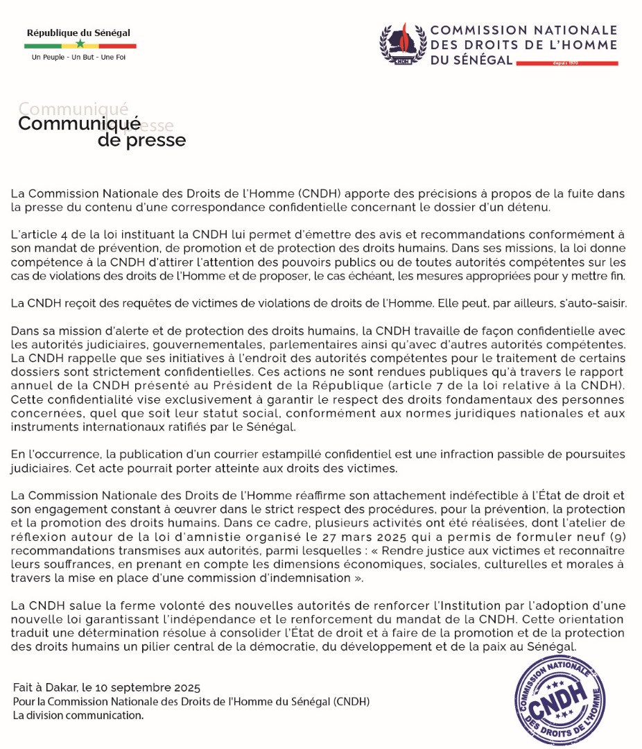 Communiqué de presse La Commission Nationale des Droits de l’Homme (CNDH) apporte des précisions à propos de la fuite dans la presse du contenu d’une correspondance confidentielle concernant le dossier d’un détenu.