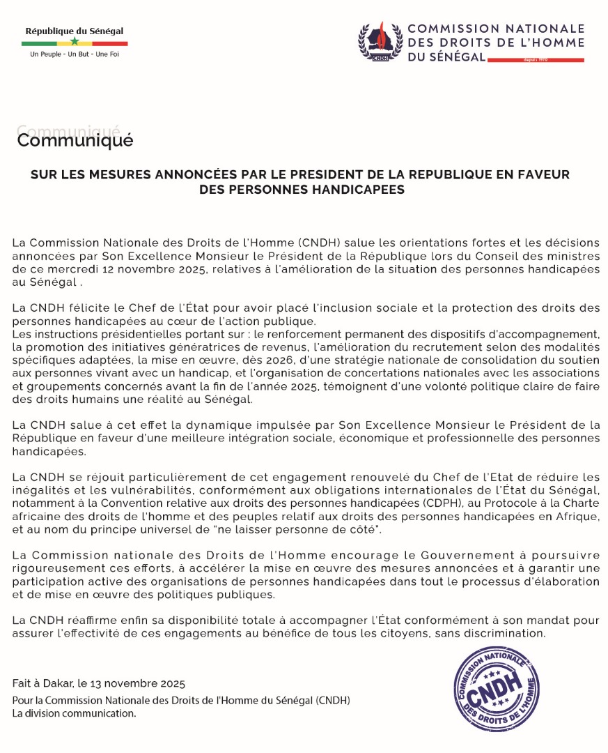 CP sur les mesures annoncées par le président de la république en faveur des personnes handicapées
