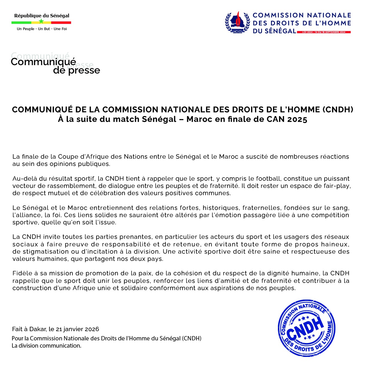 COMMUNIQUÉ DE LA COMMISSION NATIONALE DES DROITS DE L’HOMME (CNDH) À la suite du match Sénégal – Maroc en finale de CAN 2025