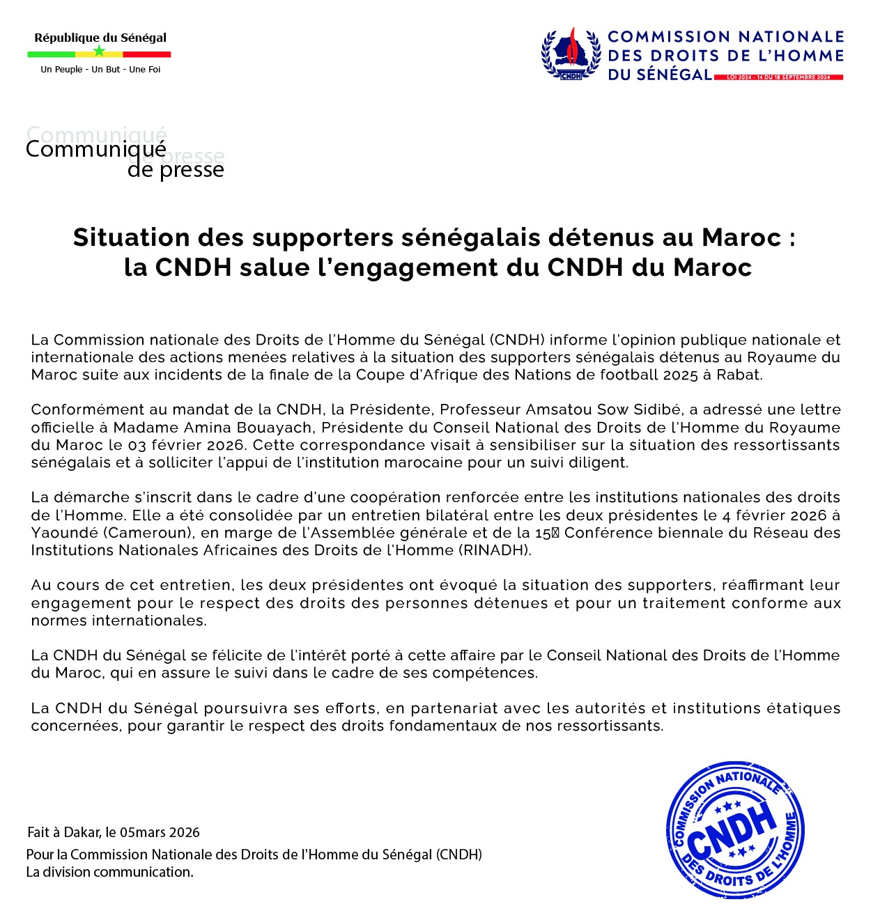 Situation des supporters sénégalais détenus au Maroc : la CNDH salue l'engagement du CNDH du Maroc