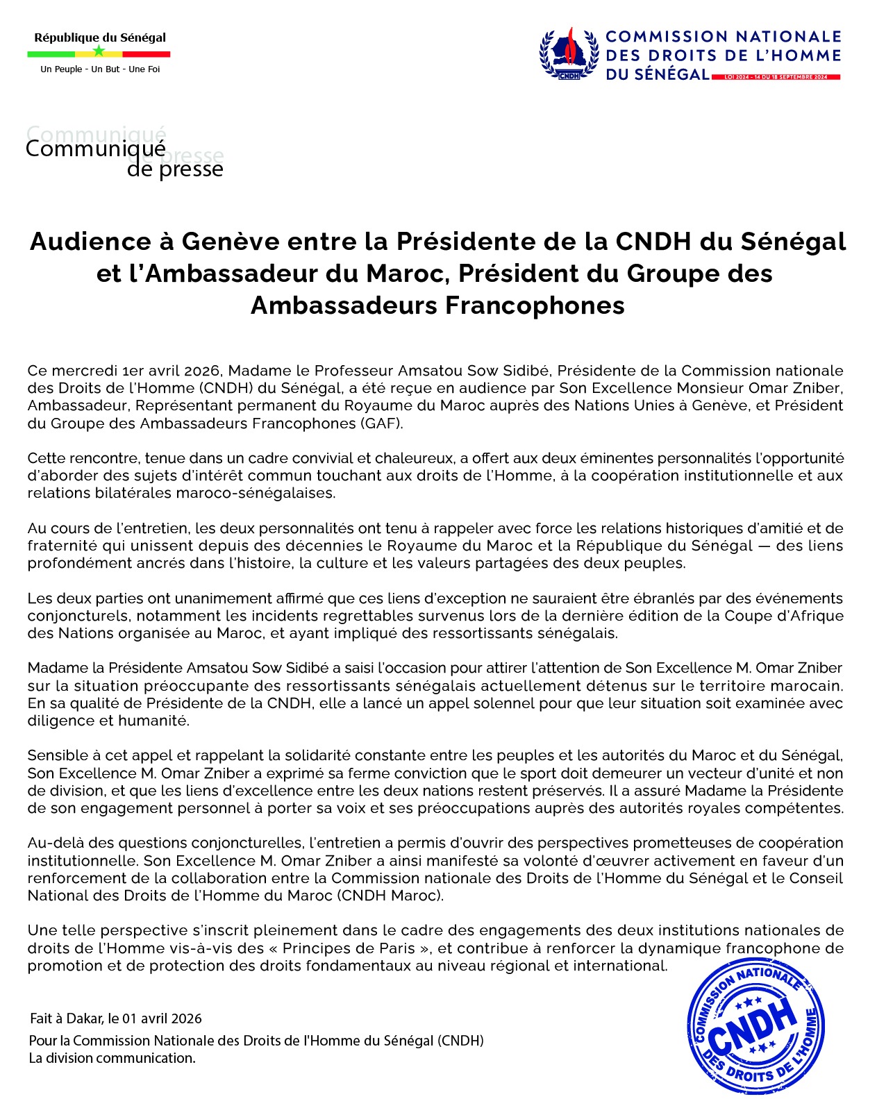 Communique le presse Audience à Genève entre la Présidente de la CNDH du Sénégal et l'Ambassadeur du Maroc, Président du Groupe des Ambassadeurs Francophones