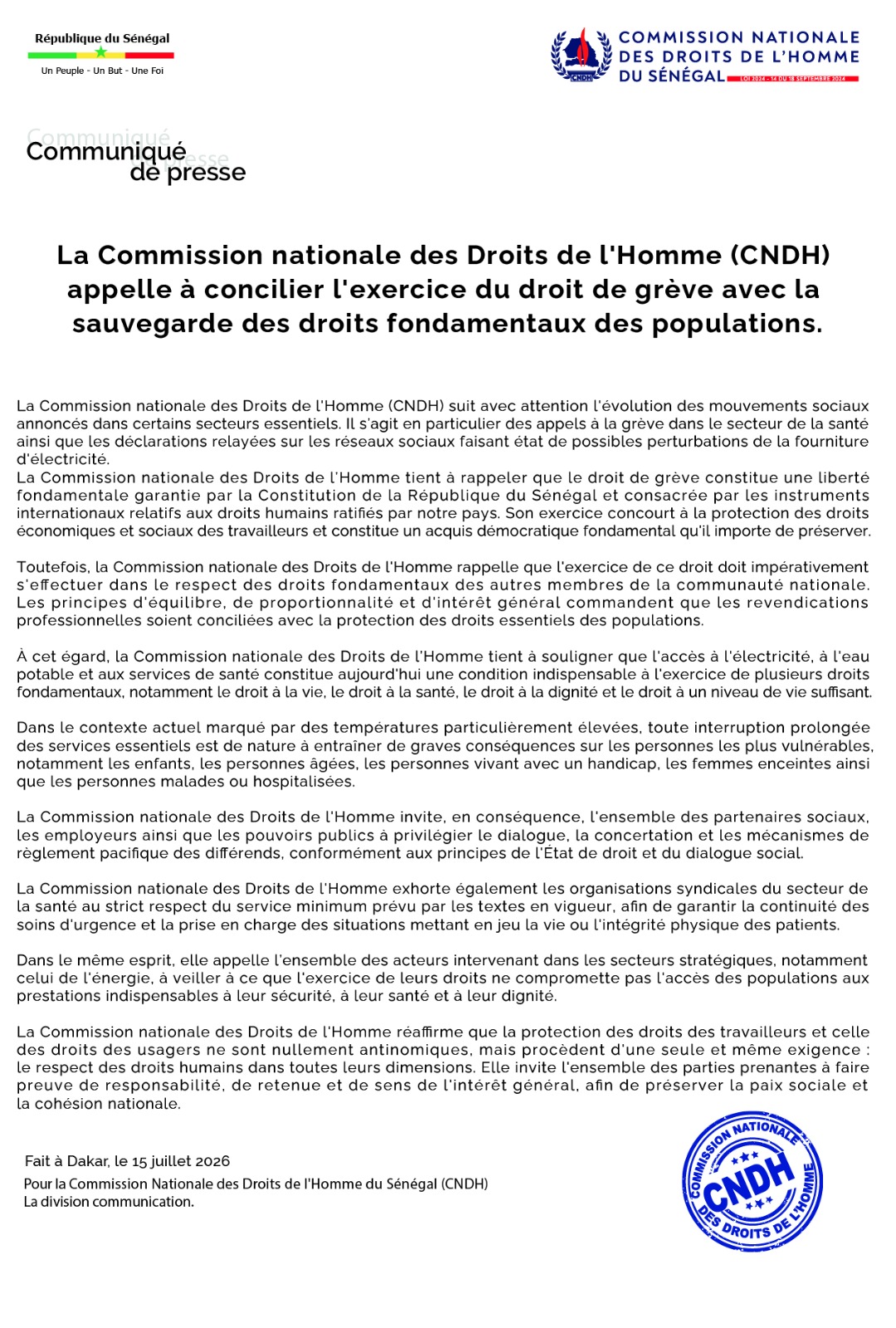 La Commission nationale des Droits de l'Homme appelle à concilier l'exercice du droit de grève avec la sauvegarde des droits fondamentaux des populations.