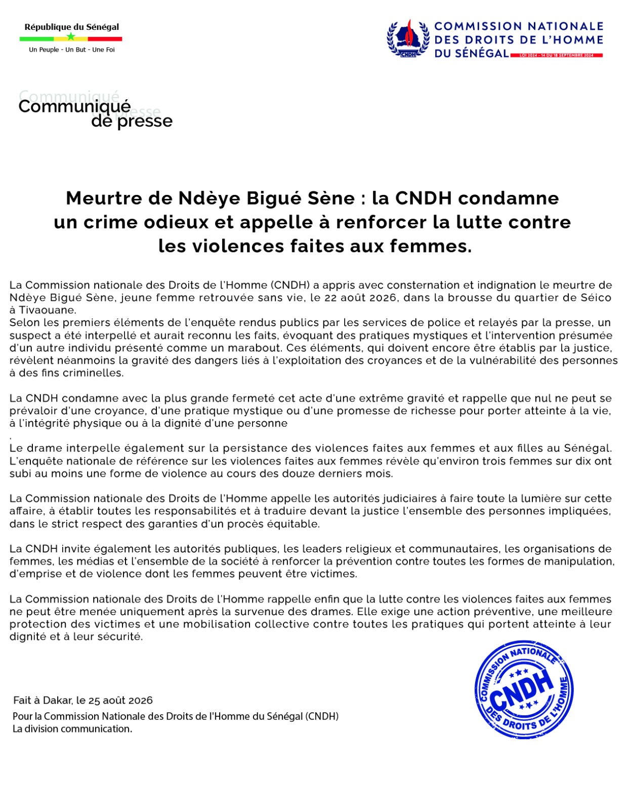 Meurtre de Ndeye Bigue Sene : la CNDH condamne un crime odieux et appelle a renforcer la lutte contre les violences faites aux femmes.