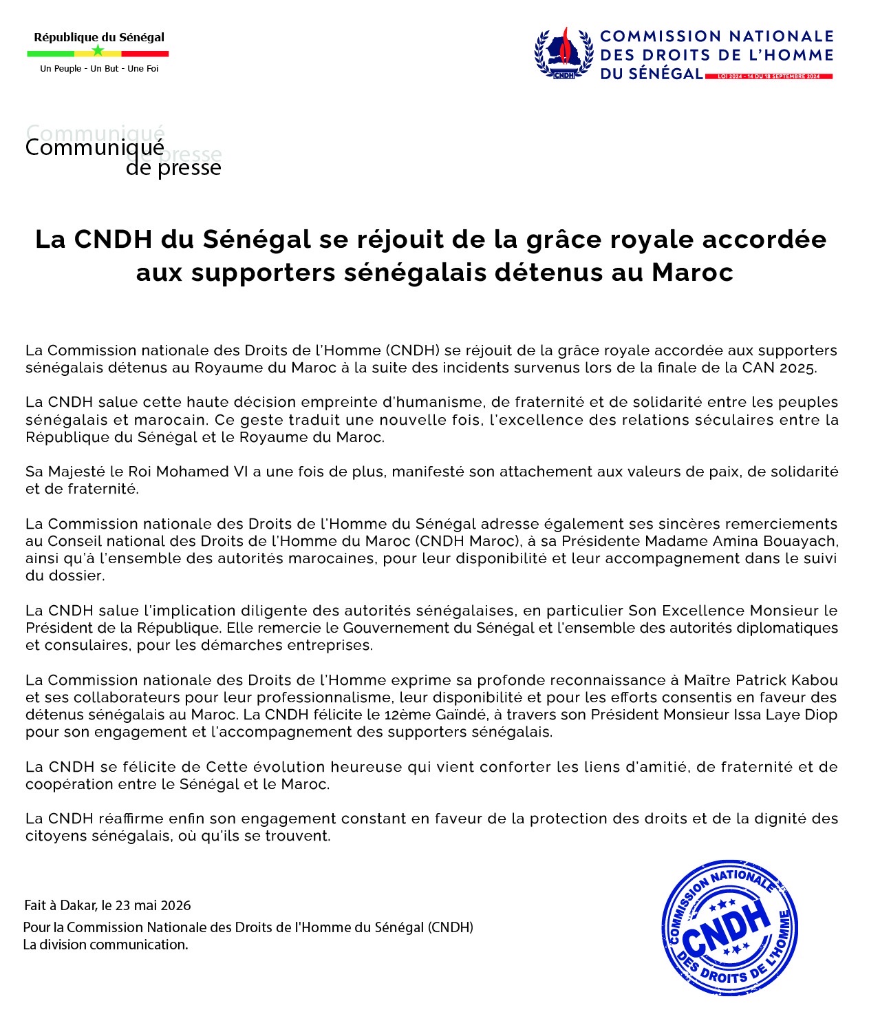 Communiqué de presse: La CNDH du Sénégal se réjouit de la grâce royale accordée aux supporters sénégalais détenus au Maroc