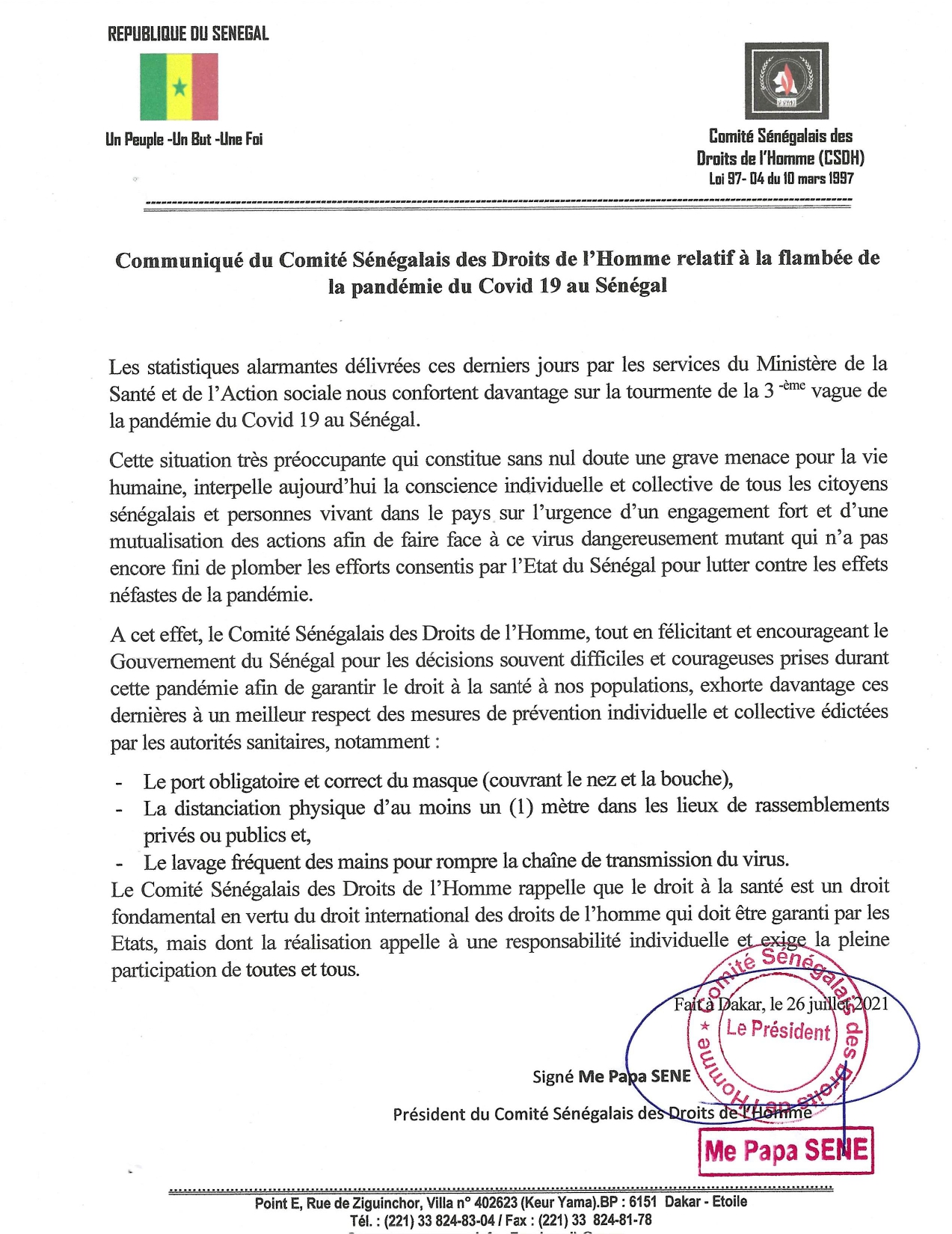 communiqué du CSDH sur la covid
