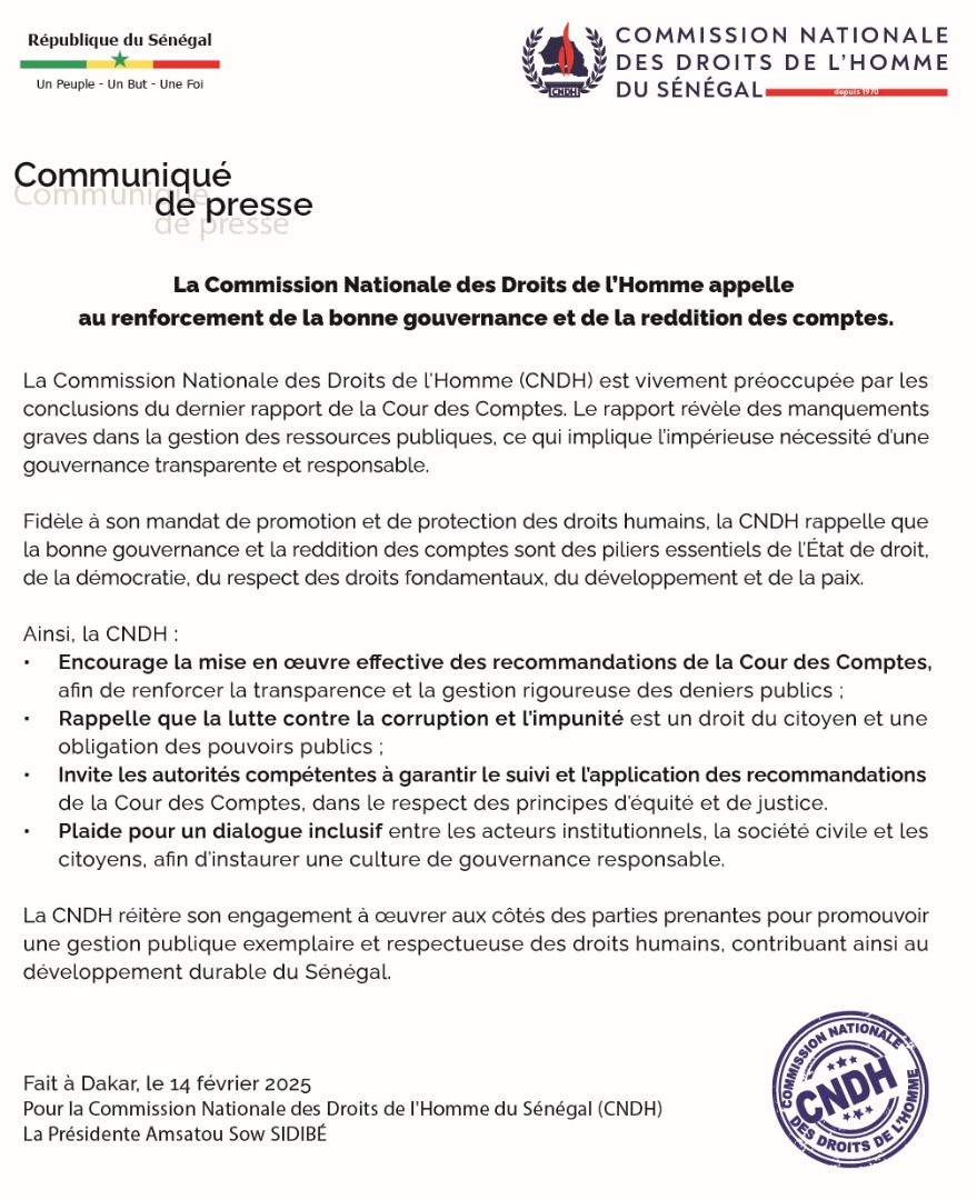 La Commission Nationale des Droits de l’Homme appelle au renforcement de la bonne gouvernance et de la reddition des comptes.