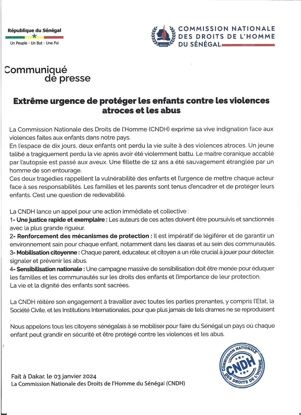 Communiqué de presse : Extrême urgence de protéger les enfants contre les violences atroces et les abus
